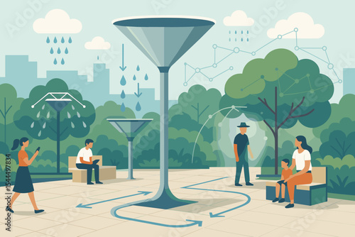 Illustration of a smart park with rainwater collection and data systems