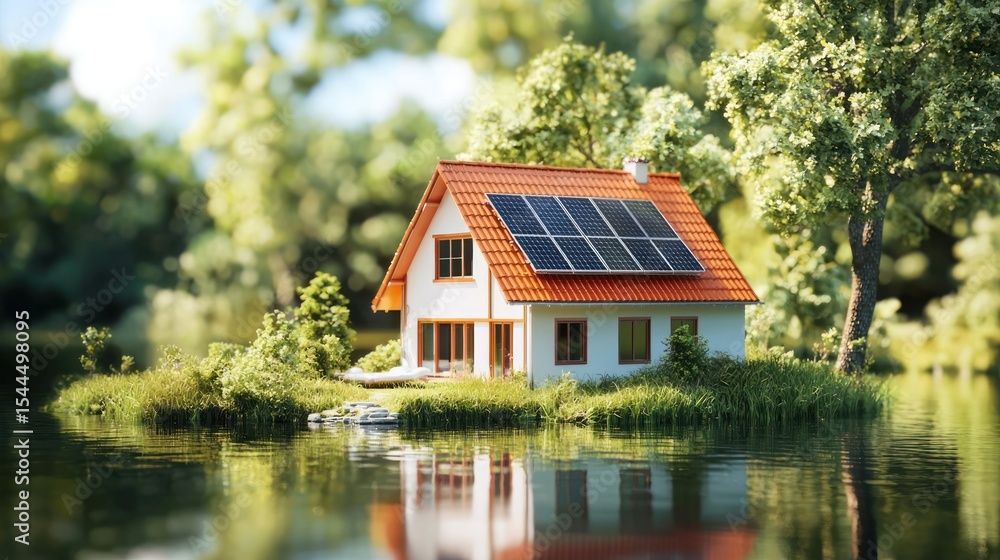 A small, white house with a red roof, surrounded by lush green trees and a calm body of water. A small, white house with a red roof, surrounded by lush green trees and a calm body of water.