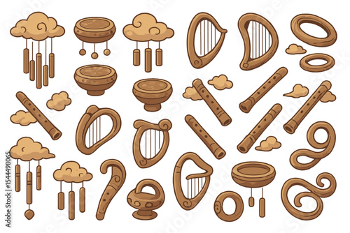 Hand-drawn illustrations of musical instruments and clouds, including flutes, harps, and wind chimes.