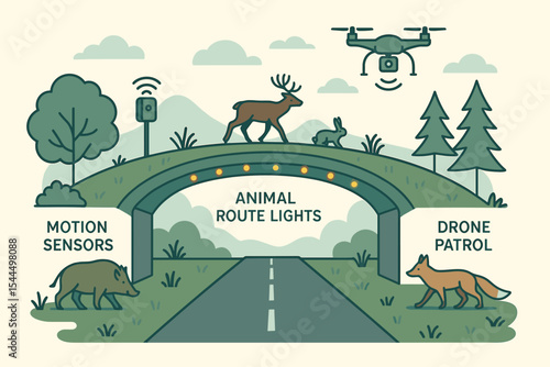 Smart wildlife overpass with sensors, route lights, and drone monitoring