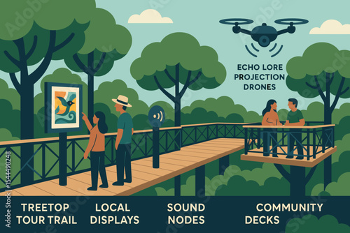 Illustrated smart forest trail with drones, displays, and sound nodes