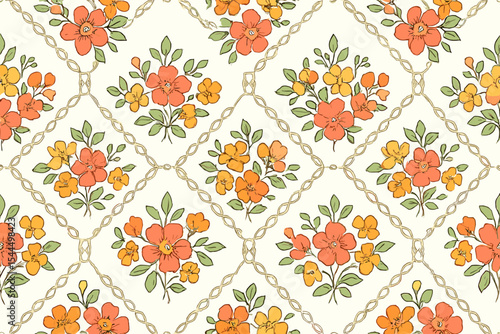 Vintage floral lattice pattern with orange and yellow flowers on cream