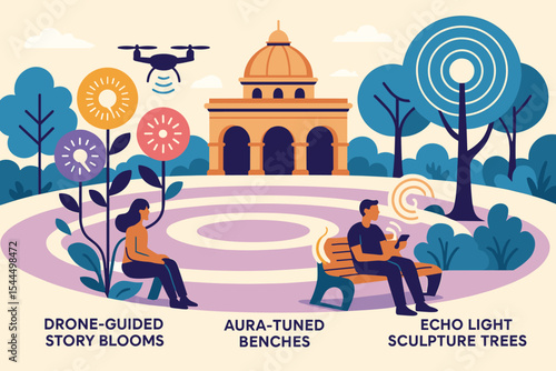 Colorful smart park illustration with tech trees, drones, and benches