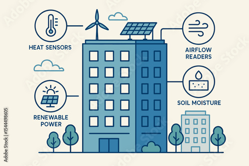 Illustration of a smart building using renewable energy and sensors for heat, airflow, and soil moisture.