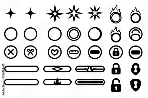 Dark fantasy UI icon set with stars, flames, locks, and status bars