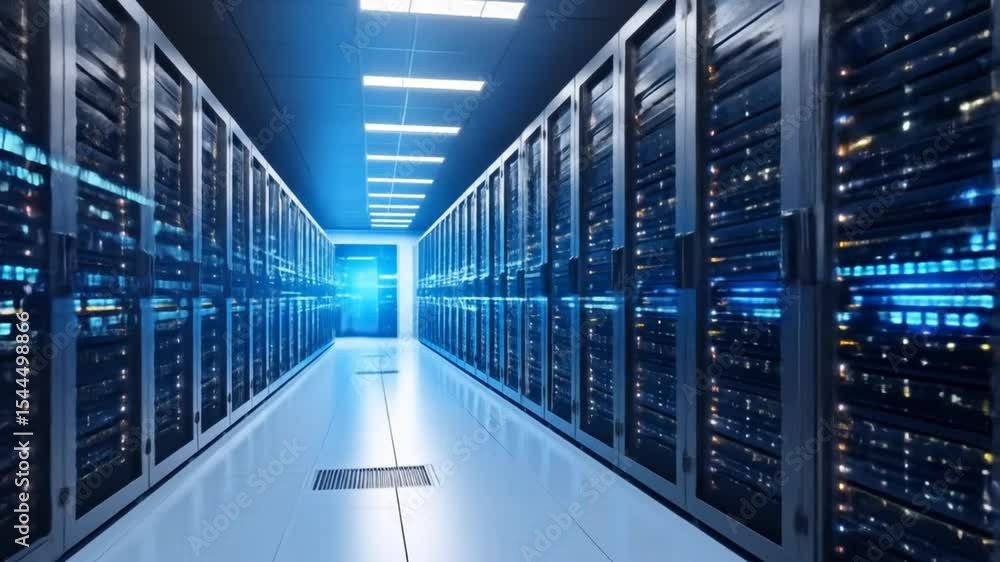 Modern Data Center Server Room: Rack Servers for Cloud Computing and Data Storage Modern Data Center Server Room: Rack Servers for Cloud Computing and Data Storage