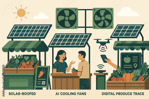 Futuristic farmers market with solar roofs, AI fans, and produce tracking