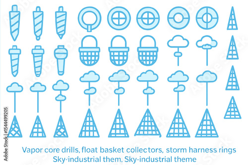 Set of blue icons featuring weather and cloud collection technology, including vapor core drills, float basket collectors, storm harness rings, and sky-industrial themed designs.