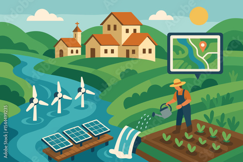 Sustainable rural farming with wind turbines, solar panels, and a farmer watering crops in a green landscape with a map pin for eco-friendly living.