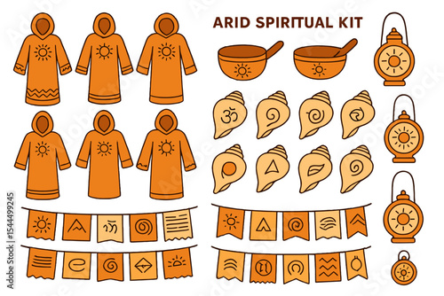 Set of mystical spiritual icons for arid landscapes, including sun-embellished robes, bowls, conch shells with symbols, banners, and lanterns.