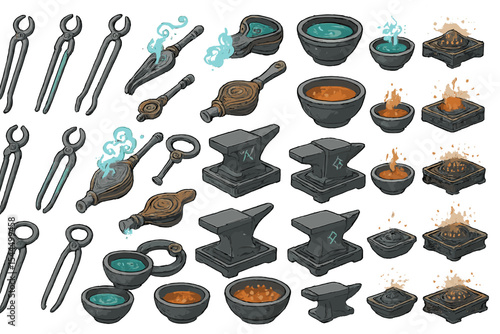 Detailed fantasy icon set of magical blacksmith tools, forges, anvils, and enchanted flames