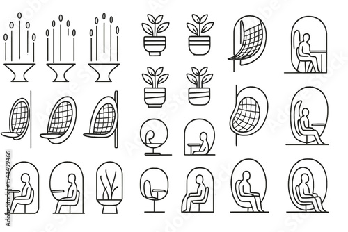 Workspace pods, hanging chairs and planters outline icon set