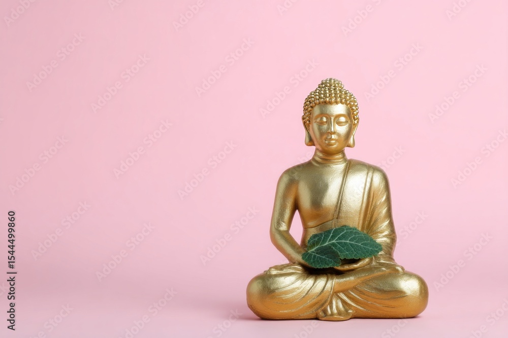Golden Buddha figurine cradling leaves, serene meditation aura, Vesak celebration, inner peace symbolism on pastel canvas Golden Buddha figurine cradling leaves, serene meditation aura, Vesak celebration, inner peace symbolism on pastel canvas