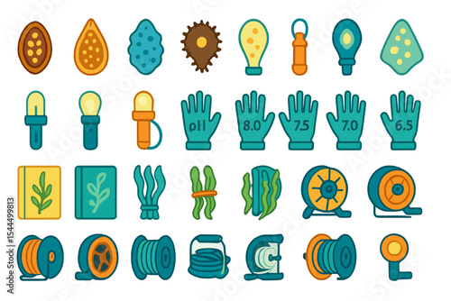 Set of icons for environmental research and plant monitoring, including pH indicators, tools, and plant growth stages.