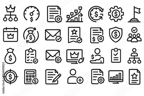 Dark business and finance UI icon pack with minimal line style