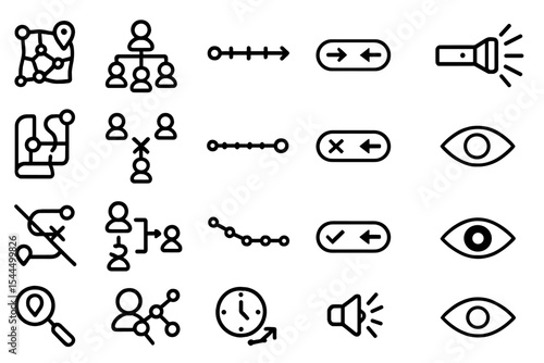 Set of black and white vector icons representing connections, navigation, and communication.