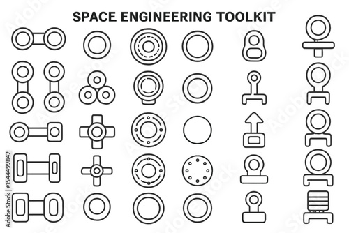 Set of space engineering icons with modular connectors and clamps
