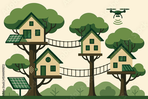Sustainable treehouse community with solar panels and drone tech