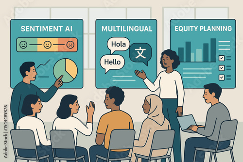 Diverse team discussing AI topics in sentiment, language, and equity