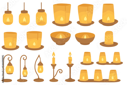 Warm glowing candle icon set with lanterns, glass holders, and sconces