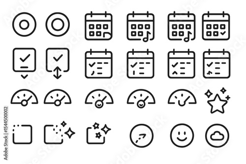 Set of minimalist icons related to task management, mood tracking, and productivity tools, including calendar, checklists, progress meters, smiley face, and star for achievements.