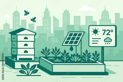 Urban rooftop garden with beehive, solar panel, and weather monitor