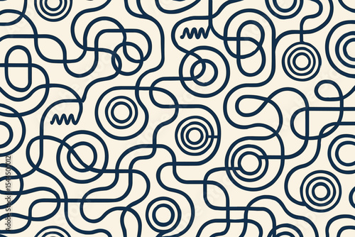 Abstract looping line pattern with concentric circles on cream background