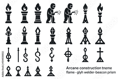 Silhouetted icon set of arcane flames, glyphs, and magical welders
