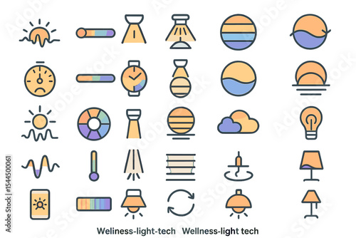 Gradient wellness lighting tech icon set with lamps, sensors, and timers