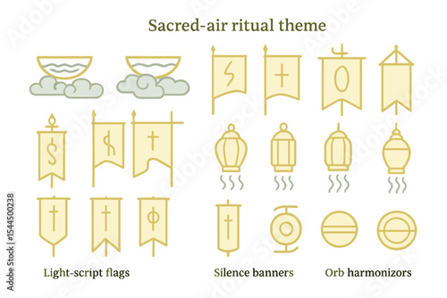 Sacred-air ritual icon set with spiritual banners and orbs