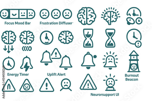 Monotone icon set for mood tracking, focus, and burnout alerts
