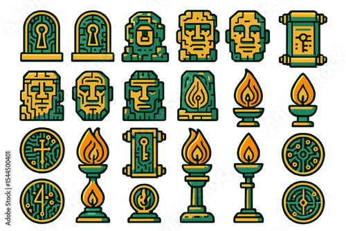 Fantasy-themed icons of stone faces, torches, keys, and runes