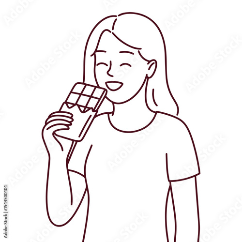 Minimal black-and-white line art of a girl holding and eating a chocolate bar, smiling and enjoying her treat