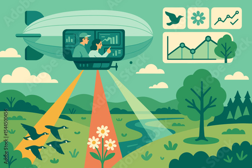 Illustration of scientists in blimp analyzing wildlife and plant data