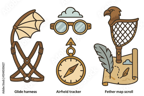 Steampunk-inspired adventure tools including a glide harness, airfield tracker, and map scroll.