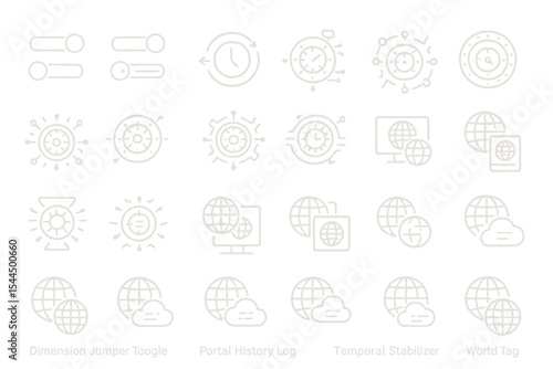 Set of futuristic icons for dimension jumping, time stabilization, portal logs, and world tracking, featuring elements like clocks, globes, and digital interfaces.