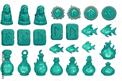 Set of ancient ocean-themed symbols including vials, fish, and runes.
