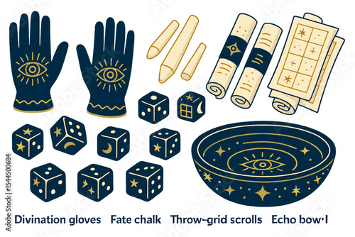 Mystical divination tools set with gloves, dice, and scrolls