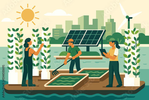 Illustration of sustainable urban farming with solar panels, wind turbines, and green technology.