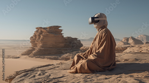 Monk wearing VR goggles in timeless desert landscape, merging ancient wisdom with virtual awakening