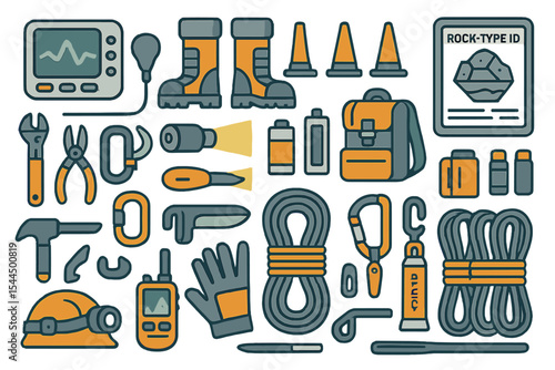 Climbing and geology gear icon set with tools, boots, rope, and scanners