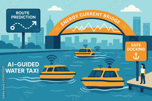 AI-guided water taxi system with route prediction and energy current bridge