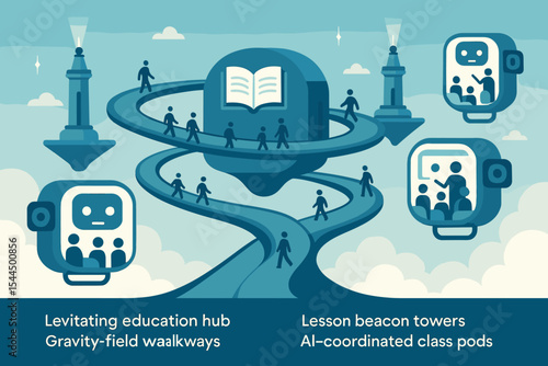 Futuristic floating education hub with AI class pods and walkways