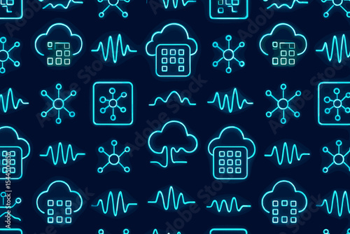 Seamless neon pattern of cloud storage, waveforms, and data networks