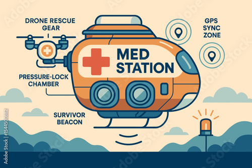 Futuristic med station with drone rescue gear and GPS sync features
