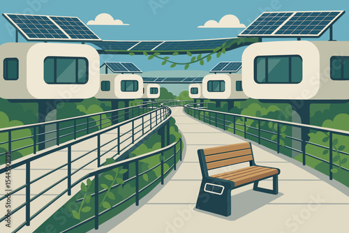 Modern eco village with elevated solar homes and green walkways