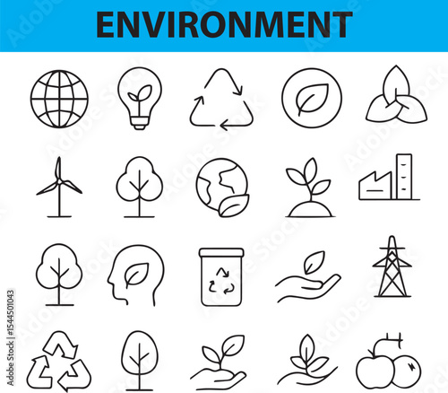 Environment and Sustainability Line Icons, Recycle, Solar Panel, Water Drop, Eco Bag, Tree, Globe, and More. 

