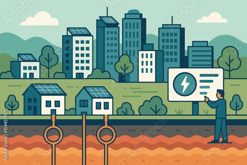 Infographic of geothermal-solar-wind hybrid energy system