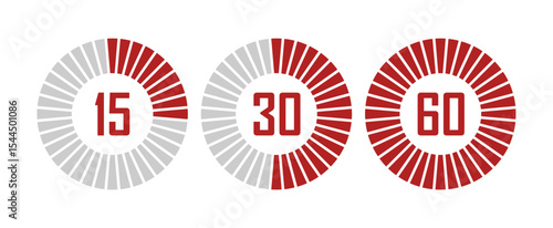 Set of stopwatch icons showing time intervals from 15 to 60. Minimal design with partial fill indicating time. Perfect for timers, fitness apps, and countdown graphics. Stopwatch, icons, vector