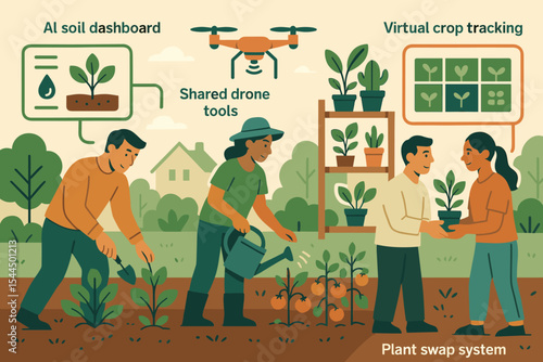 A warm-toned community garden scene is overlaid with four labeled “smart” features